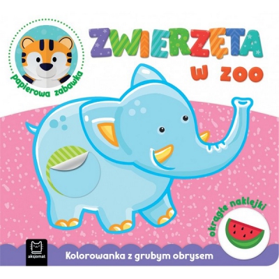 Zwierzęta w zoo. Kolorowanka z grubym obrysem, okrągłe naklejki, papierowa zabawka.