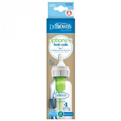 Butelka Szklana Standard 250ml. OPTIONS ze Smoczkiem od 0 do 3 miesięcy SB81003 Dr Brown's