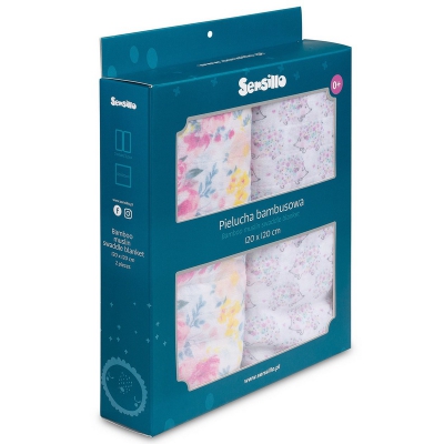 Pielucha Bambusowa 2-Pak Kwiaty+Jeże 120x120 Sensillo